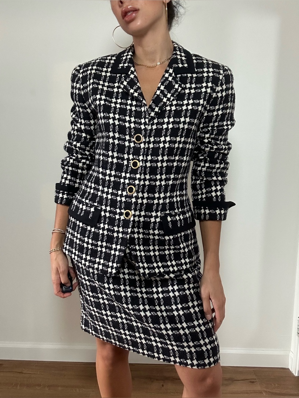 Vintage 90’d Ann Taylor Black & White Tweed Plaid 2 Piece Blazer Skirt Set M